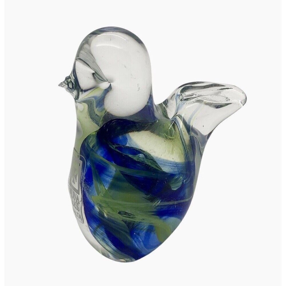 Art Glass Bird, Signed Mdina Malta Figurine With Original Sticker & Maker’s Mark